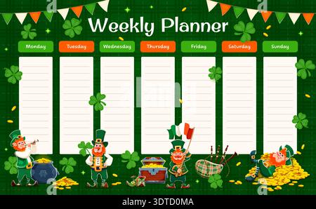 Weekly planner schedule template with Happy Saint Patrick's day holiday characters, vector week plan. St Patrick cartoon funny leprechauns and Irish f Stock Vector