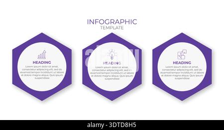 Modern 3-step circular infographic template with purple accents and icons. Perfect for business presentations, process visualization, and professional Stock Vector