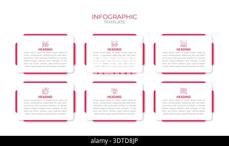 Modern infographic template with six steps, pink accents, icons, and text blocks. Perfect for workflow, presentations, business process, and data visu Stock Vector