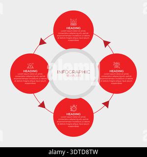 Circular 4-step infographic with red round shapes and arrows. Ideal for workflow, business process, presentation, timeline, and strategy design Stock Vector