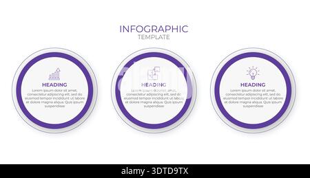 Modern 3-step circular infographic template with purple accents and icons. Perfect for business presentations, process visualization, and professional Stock Vector