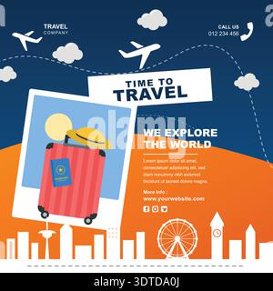 Vector travel agency banner design featuring red suitcase, passport, and airplanes over a city landscape background Stock Vector