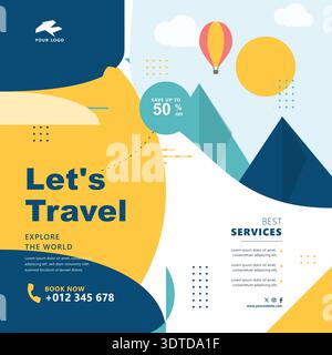 Editable vector travel flyer template featuring a flat design landscape with mountains and a hot air balloon. Ideal for tourism marketing, vacation Stock Vector