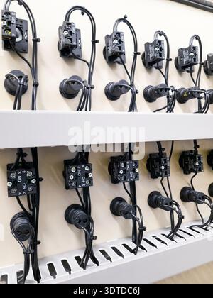Industrial electrical control panel with switches and wiring system Stock Photo
