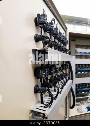 Industrial electrical control panel with switches and wiring system Stock Photo
