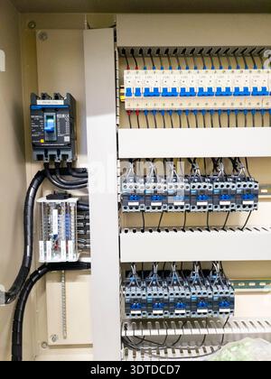 Industrial electrical control panel with wiring and circuit breakers Stock Photo