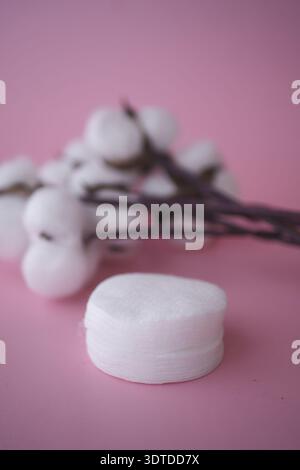 Cotton flowers and a white round object on a pink background Stock Photo
