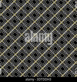 Abstract geometric seamless pattern with interlocking squares and diagonal lines. Created in a minimalist vector style with a black, white, and yellow. Stock Vector
