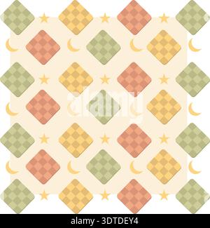 Seamless pastel ketupat diamond pattern with crescent moons and stars, decorative Islamic festive background vector Stock Vector