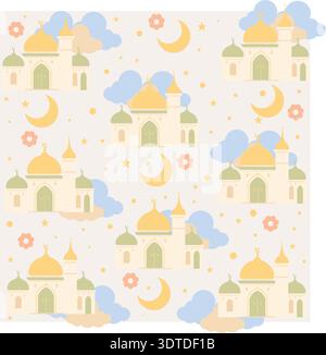 Seamless mosque illustration pattern with crescent moons, stars, and clouds in pastel tones Stock Vector