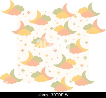 Seamless crescent moon and cloud pattern with floral accents in soft pastel palette Stock Vector
