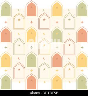 Seamless Islamic arch window pattern with stars and crescent motifs in soft pastel tones. Stock Vector
