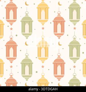Seamless Ramadan lantern pattern with crescent moons in muted pastel colors Stock Vector