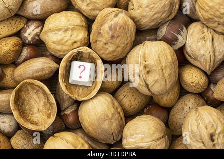 Hard find the answer. The computer keyboard key with a question mark in the shell of a nut Stock Photo