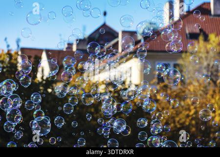 The rainbow bubbles from the bubble blower Stock Photo