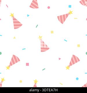Seamless vector pattern featuring pink striped party hats, yellow stars, and colorful confetti. Ideal for gift wrap, wallpaper, and birthday decoratio Stock Vector