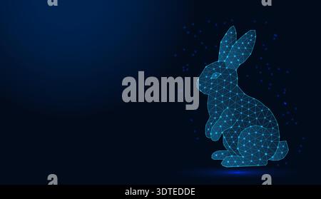 Low poly wireframe bunny on dark blue background. Stock Vector
