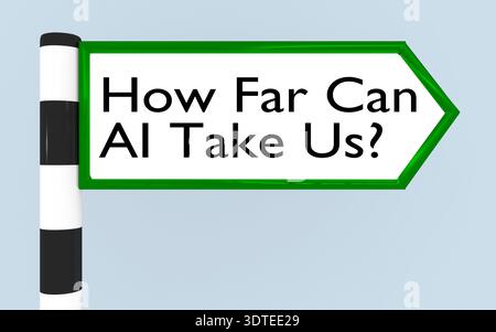 3D illustration of "How Far Can AI Take Us?" script on a road sign. Stock Photo