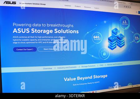 Computer monitor displaying information technology website for solution. Modern digital interface for business analytics. Stock Photo