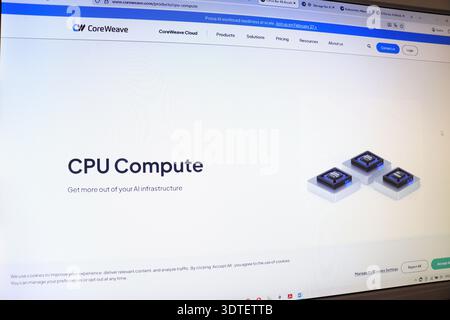 Computer screen displaying a web page about CPU compute for AI infrastructure. Digital technology and cloud computing concept. Stock Photo