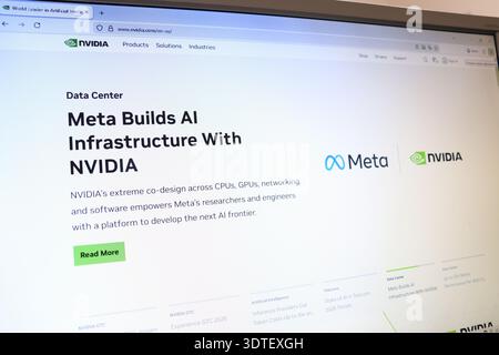 Webpage on computer screen displaying Meta builds AI infrastructure with NVIDIA for artificial intelligence and data center news. Stock Photo