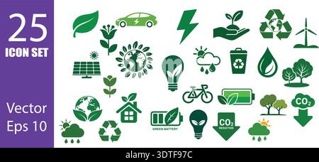 A comprehensive set of 25 green vector icons symbolizing sustainability, renewable energy, and environmental protection. These detailed graphics Stock Vector