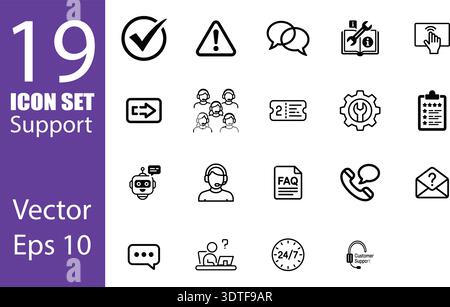 This vector icon set offers essential graphics for customer support, communication, and problemsolving. Includes elements for help desks, FAQs Stock Vector