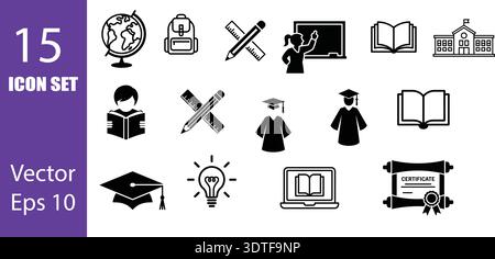 This vector icon set presents a clean, monochrome collection of educational symbols, perfect for learning materials It includes a globe, books Stock Vector