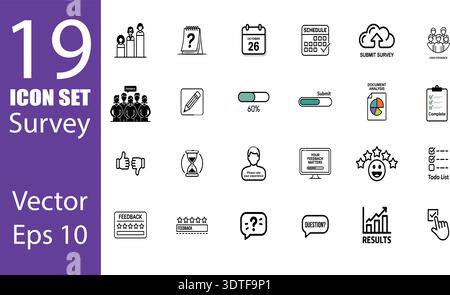 A collection of 19 minimalist icons illustrating concepts like surveys, feedback forms, progress bars, and results, presented in a clean, easytounders Stock Vector