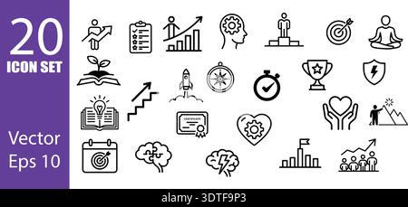 A collection of 20 clean, modern line icons illustrating business concepts like strategy, progress, and success. Features include charts, a rocket Stock Vector