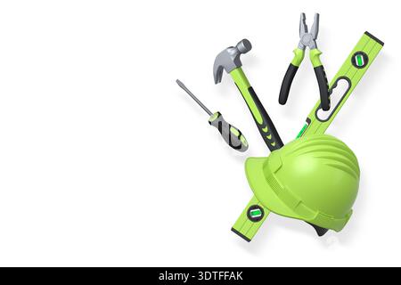 Various construction tools including wrench, hammer, pliers, and helmet isolated on white background with clipping path, concept of building work Stock Photo
