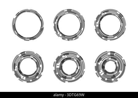 Abstract black tech circles set. Futuristic HUD interface ring elements collection. Modern digital frames for UI design, dashboards, infographics. Stock Vector