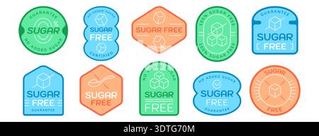 100 percent sugar free icon vector set. No added sugar label or seal for product design packaging. Diabetic food colorful sticker. Zero calories emblem, diet beverage products badge, healthy eat stamp Stock Vector