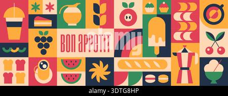 Abstract geometric coffee pattern with bakery, cup of drink, sweets and fruits icons or bauhaus brutalist elements. Vector minimalist seamless background, design template for cafe menu or packaging Stock Vector