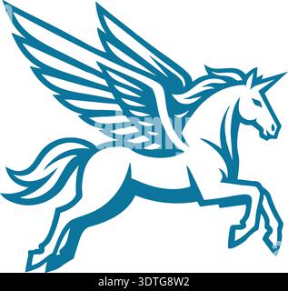 Blue outline illustration of a pegasus flying with wings extended and legs in motion Stock Vector