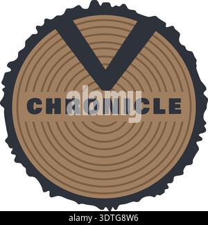 Circular wood ring emblem with chronicle text and concentric tree rings Stock Vector