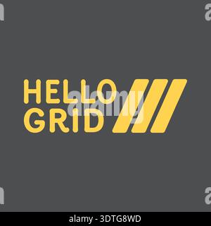 Simple modern label with hello grid text and diagonal stripes in yellow on dark background Stock Vector
