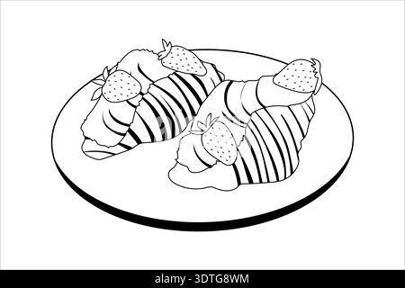 Linear drawing of two croissants with whipped cream and strawberries on a plate. Outline vector flat art. Stock Vector