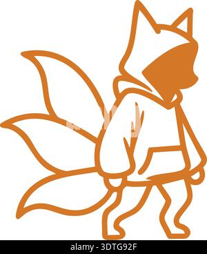 Orange outline illustration of a standing fox character with a large tail and simple shapes Stock Vector