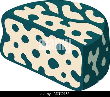 Flat illustration of a blue mold cheese block with speckled spots and cut edge Stock Vector