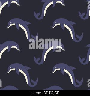 Jumping cheerful dolphin seamless pattern vector illustration. Hand drawn ocean repeat background Stock Vector