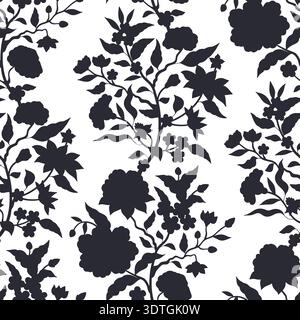 Black Jacobean seamless pattern with hand drawn flowers and leaves silhouettes on white background. Boho floral repeat wallpaper Stock Vector