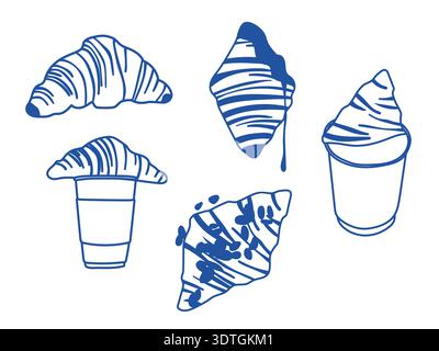 Blue line art croissant set with classic, with coffee, chocolate, and almonds. Hand drawn sketch vector Stock Vector