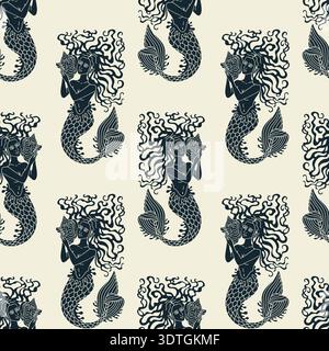 Beautiful long hair mermaid holding conch shell seamless pattern on beige background vector illustration Stock Vector