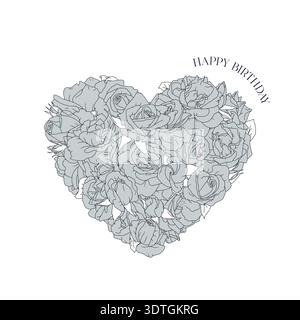 Hand drawn line art heart colmosition filled with monochrome black and gray rose flowers isolated and text happy birthday Stock Vector