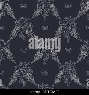 Vintage line art white monochrome rose bouquets and bow knots seamless pattern with black backdrop Stock Vector