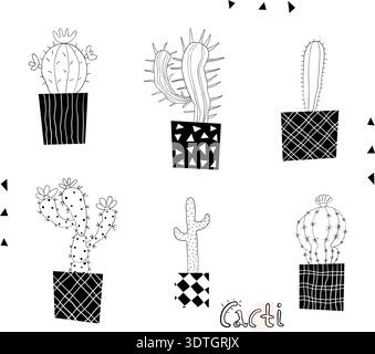 Cute and modern hand drawn cactus plants in black and white i flowering pots with different geometric shapes Stock Vector
