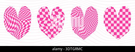 Pink Distorted Vector Hearts, Heart Shapes in Bold Vibrant Pink Colors with Warped Check Pattern Stock Vector