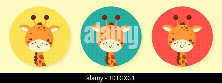 Cute giraffe head sticker set in round frames with grid patterns vector illustration. Stock Vector