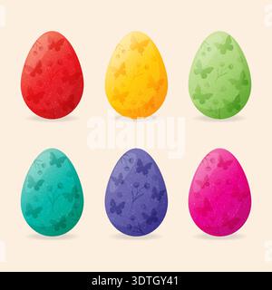 Colorful Easter eggs set with butterfly and flower patterns vector illustration. Stock Vector